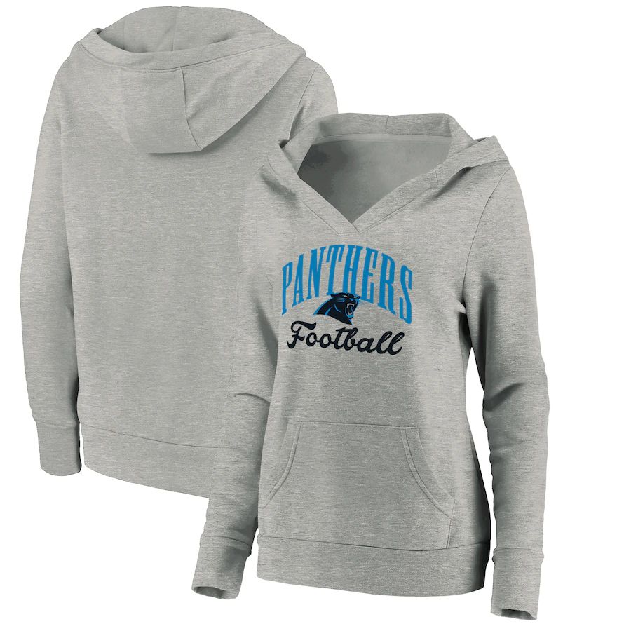 Women Carolina Panthers Fanatics Branded Heathered Gray Victory Script V-Neck Pullover Hoodie->women nfl jersey->Women Jersey